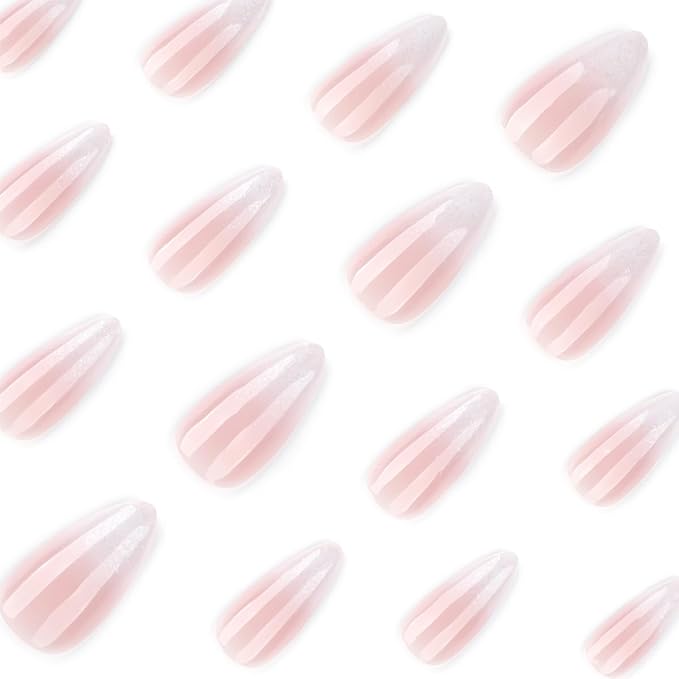 Glitter Nude White Press on Nails Medium Almond Fake Nails Glossy Gradient Acrylic Nails French Press on Nails with Designs Artificial False Nails Full Cover Stick on Nails for Women 24 Pcs