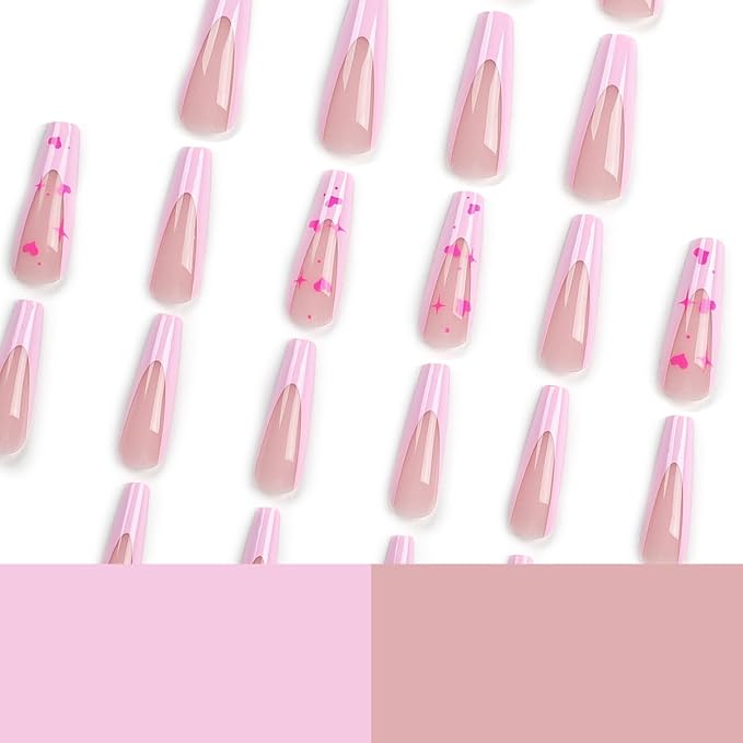 Pink French Tip Press on Nails Long Square Valentine Fake Nails Heart Star Design False Nails Full Cover Glossy Love Glue on Nails for Women 24PCS