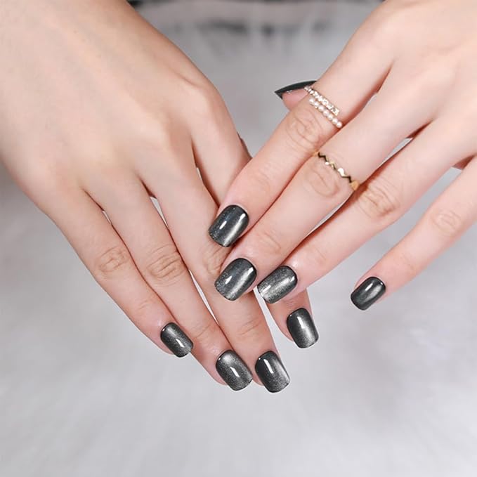 evpct Black Silver Cat Eye Press on Nails Short Square, Short Square Stick Glue on Nails for Women Gift, Silver Grey Gray Metallic Glitter Shimmer Reusable Gel Press on Acrylic Fake Nail with Design