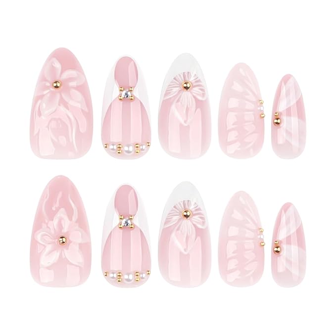 24Pcs White French Tip Press on Nails Medium Almond Fake Nails with Seashell Designs 3D Flower Acrylic Nails Gold Rhinestones Stick on Nails Summer False Nails Cute Ribbon Glue on Nails for Women