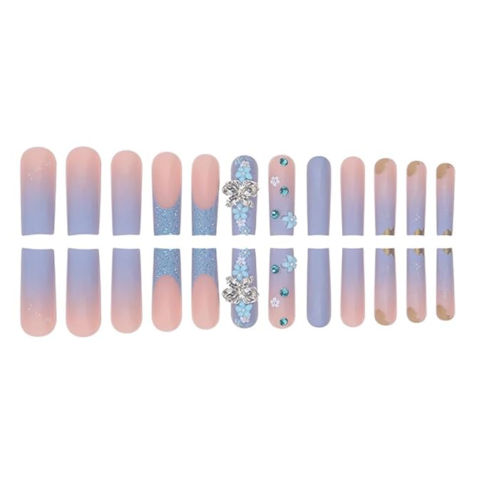 RikView Square Press on Nails Long Fake Nails with 3D Butterflies Design Blue Nails Glossy Stick on Nails Full Cover Nails for Women 24 PCS