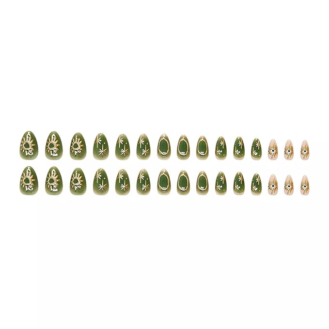 Almond Press on Nails Green Ombre Fake Nails with Gold Star Sun Designs Medium Length Artificial Nails Gradient Celestial Sparkles Stick on Nails for Women Girls, 24Pcs