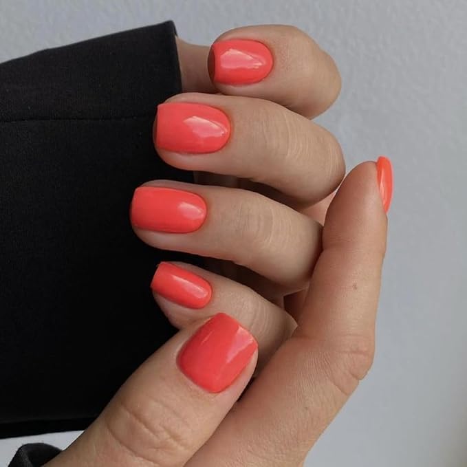 Short Square Press on Nails Orange,KQueenest Spring Gel Fake Nails Pure Color Natural Petite Nails Solid Stick on Nails for Daily Office Manicure