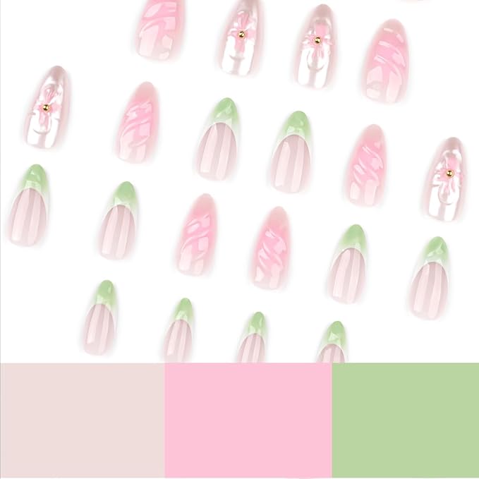 Press On Nails Medium Almond Shape – 24PCS Reusable Fake Nails with 3D Flowers, Pearls, Pink and Green French Tips, Glossy Stick On Nails for Women and Girls, Easy to Apply, Long Lasting