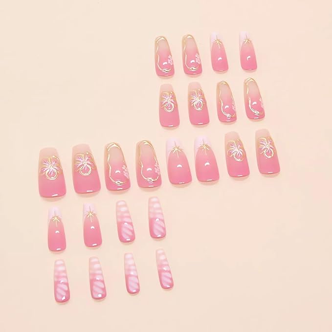 Long Square Press on Nails with Gold Floral Designs Glossy Pink Fake Nails Golden Stars Glue on Nails Gradient French Tip Stick on Nails 3D Flower Artificial Nails for Women Girls, 24Pcs