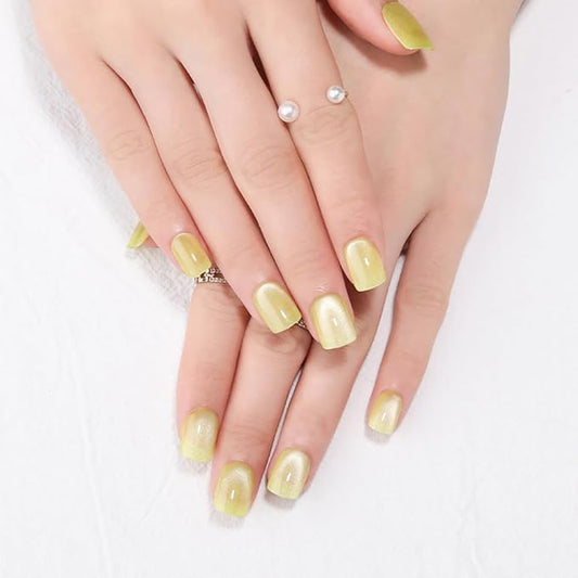 evpct Light Green Cat Eye Extra Short Press on Nails Square, Petite Short Square Glue on Nails for Women Gift, Avocado Metallic Glitter Glossy Reusable Gel Press on Acrylic Fake Nail with Designs
