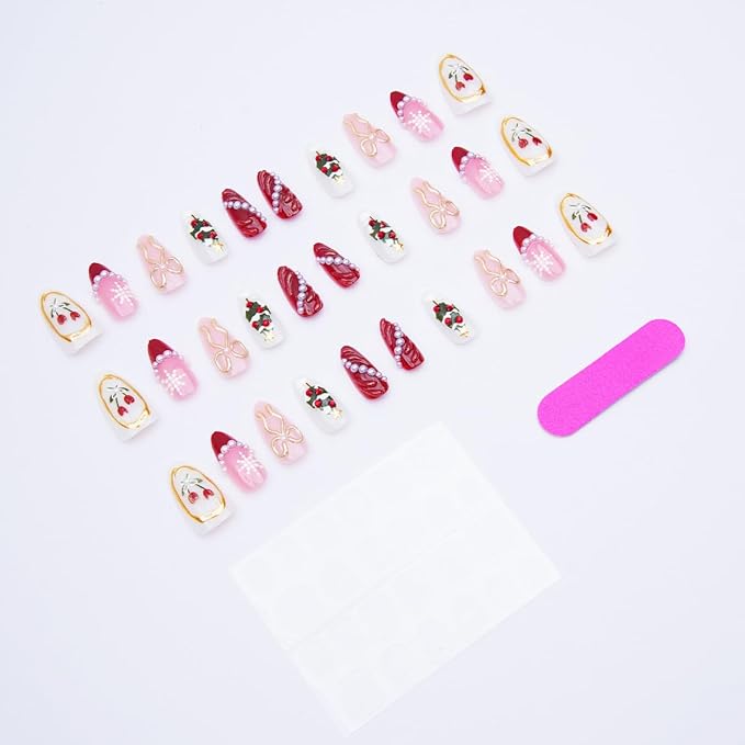 30Pcs Christmas Press on Nails Medium Almond Fake Nails 3D Gold Bow Christmas Trees Snowflake False Nails with Pearl Rhinestones Design Red French Tips Glue on Nails for Women Winter Nail Decortion