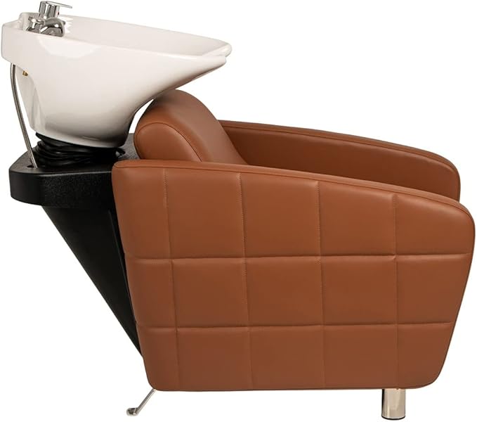 Buy-Rite Icon Shampoo Backwash Unit for Salons & Barbers, Extra Wide Seat, Tilting Porcelain Sink, Lumbar Support, Camel Vinyl Upholstery, YLG-192-BW, White Bowl