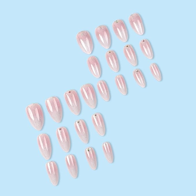 IMRAIN Press on Nails Medium Almond Fake Nails Pink White Gradient False Nails with Glitter Designs Full Cover Glossy Acrylic Glue on Nails for Women Girls Artificial Nail Supplies 24Pcs