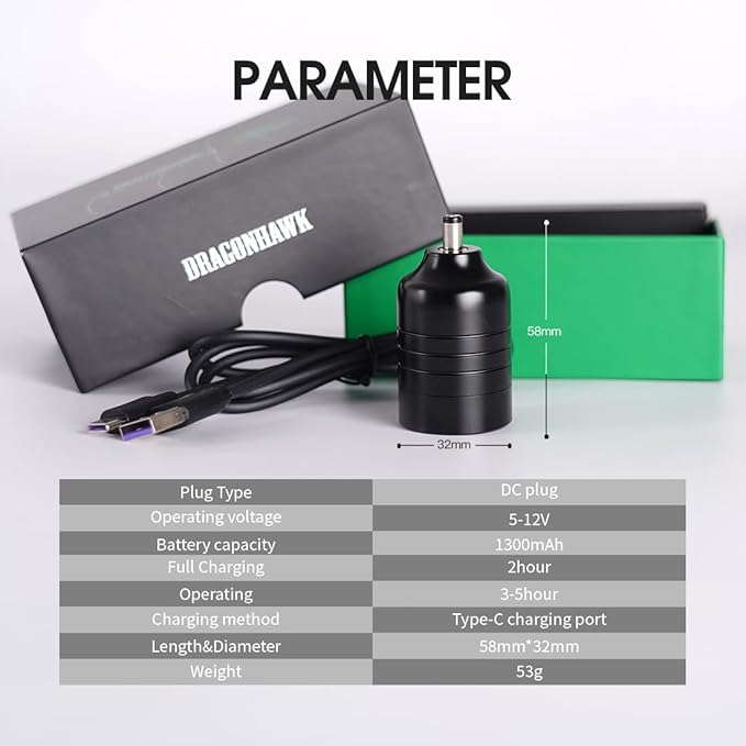 Dragonhawk Atom Wireless Tattoo Gun Pen Machine Kit - Complete Beginner Tattoo Kit with 20 Cartridge Needles, Battery Power Supply for Lining Shading