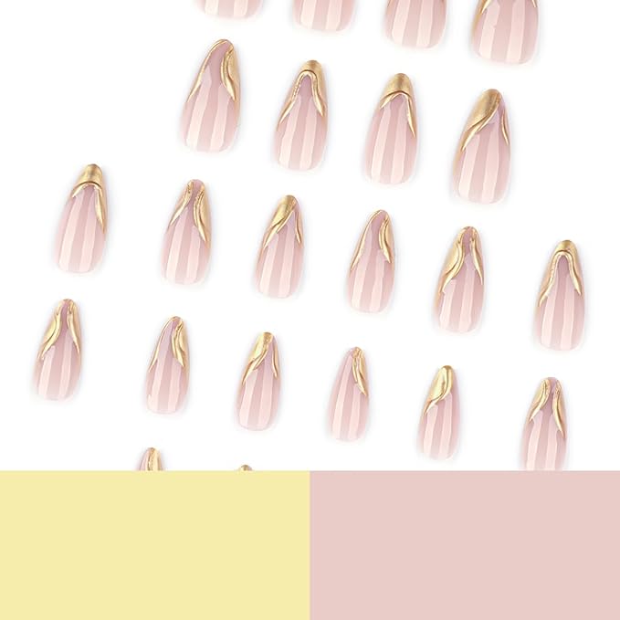 24Pcs Gold French Tip Press on Nails Almond Medium Fake Nails with 3D Irregular Gold Chrome Nail Tips Design Nude Acrylic False Nails Full Cover Glossy Glue on Nails for Women Girls Daily Wear