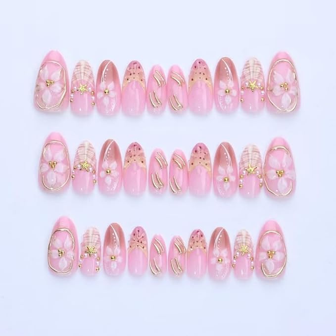 Long Almond Press on Nails with 3D Flowers Pastel Pink Fake Nails Glitter Fake Nails Elegant Stick on Nail for Women 24pcs
