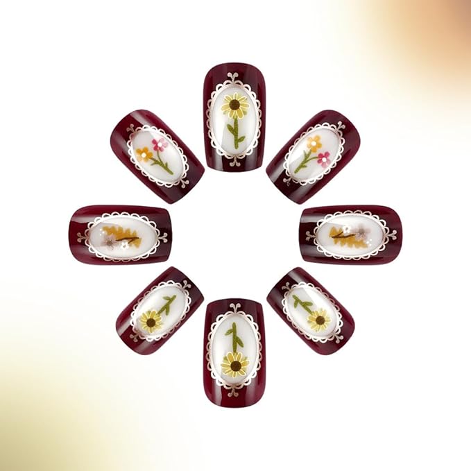 Short French Press on Nails Square Shape Fake Nails Glossy Finish False Nails with Colorful Flower Designs Full Cover Stick on Nails Spring Summer Glue on Nails for Women Nail Art Decorations - 24Pcs