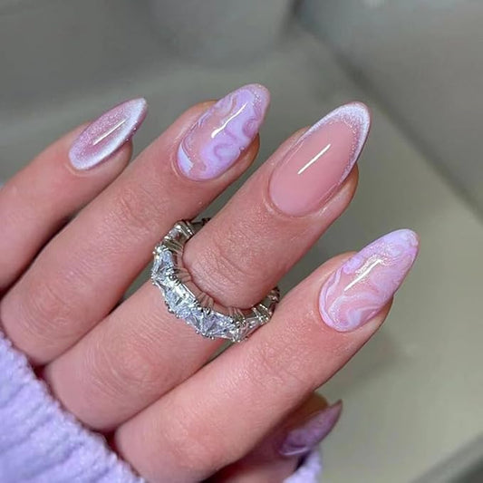 Mave Medium Purple Marble Glitter Acrylic False Nails - Shiny Stick On, 24Pcs with French Nails Glossy Finish