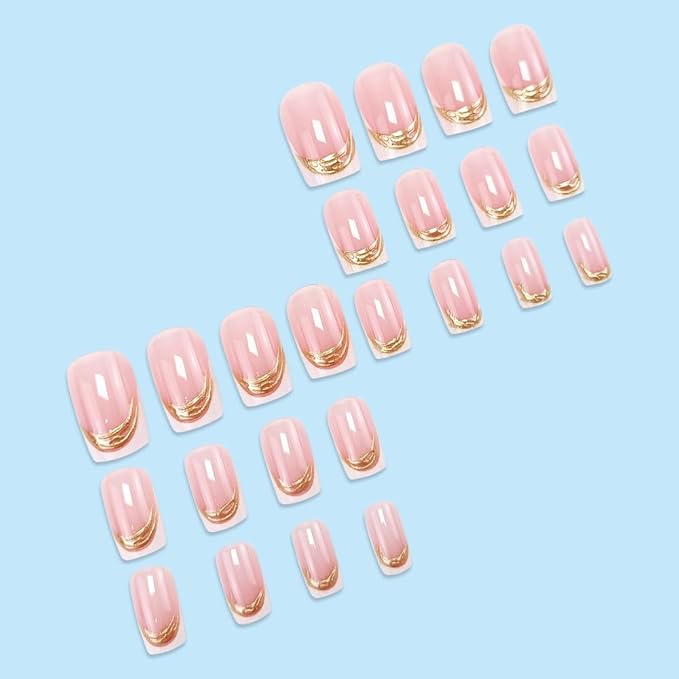 French Tip Press on Nails Square Fake Nails Pink 3D Gold Texture Acrylic Nails Medium False Nails with Designs White French Nails Stick on Nails for Women Glue on Nails with Adhesive Tabs Nail File