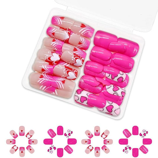 2 Packs 48Pcs Valentine's Day Press on Nails Short Square Fake Nails Heart Acrylic Nails French Tip False Nails Glossy Cute Glue on Nails Kid Heart Love Stick on Nails for Women Girls Nails Decoration