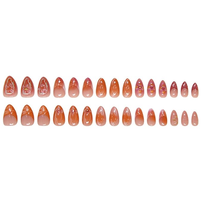 24Pcs Handmade Press on Nails Medium Almond Fake Nails Flower with Gold Rhinestones Design Glossy Full Cover Chrome Glue on Nails Spring Summer Nails French Tip False Nails for Women Acrylic Nails