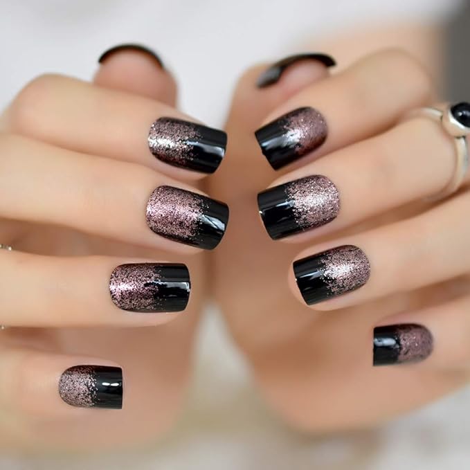 Black Light Coffee Brown Glitter French Press on False Nail Medium Short Square Shimmer Fake Nails Tips Salon Manicure Reusable DIY Fake Artificial Nails Art for Women Girls