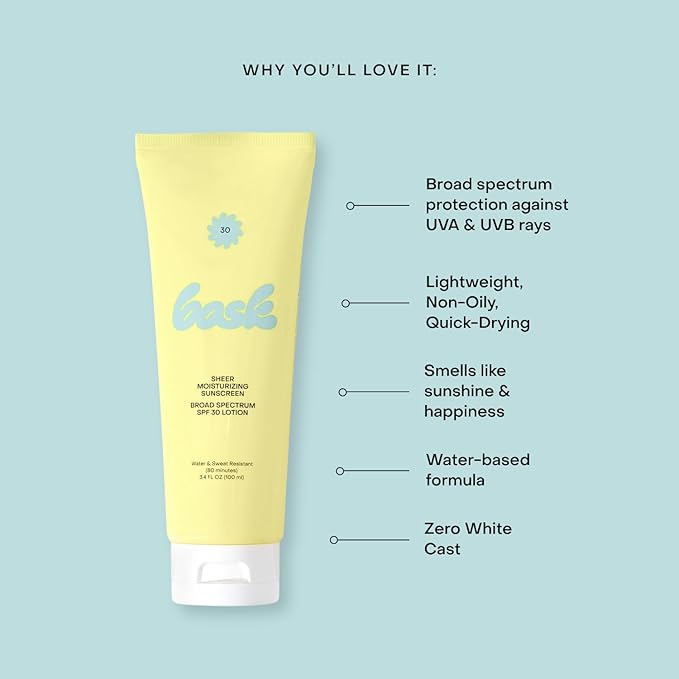 Bask Suncare SPF 30 Sheer Moisturizing Sunscreen Lotion - Broad Spectrum UVA/UVB Protection, Dermatologist Recommended, Hydrating, Lightweight & Fast Absorbing, No White Cast, Travel Size, 3.4 fl oz