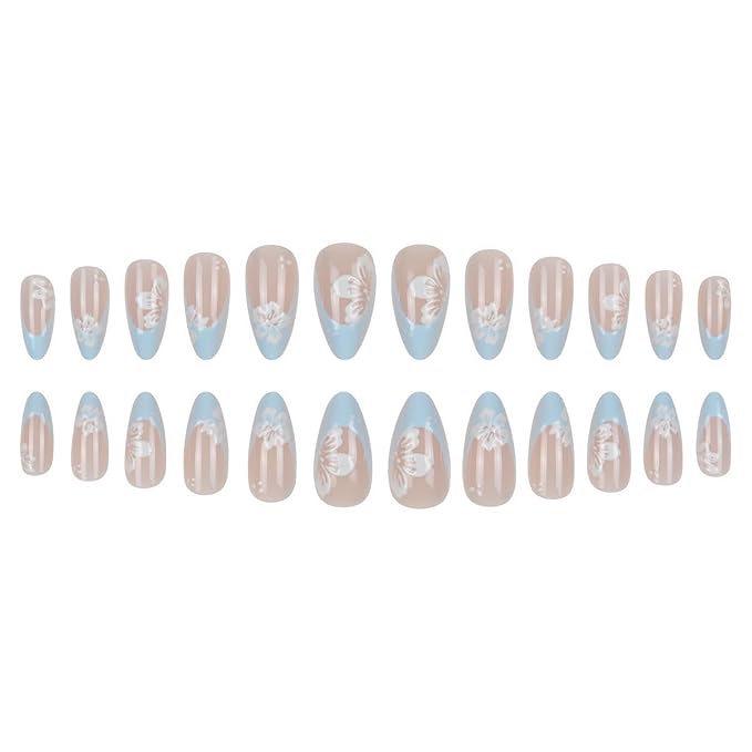 24Pcs Flower Press on Nails Medium Almond Fake Nails Blue French Tip False Nails with White Flower Design Spring Summer Artificial Nails Full Cover Glue on Nails Glossy Stick on Nails for Women DIY