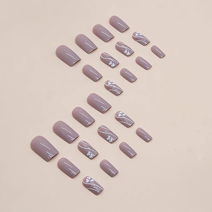 RikView Pink Press On Medium Acrylic Square Fake Nails with Hearts Design - Glossy, 24 PCs/Set