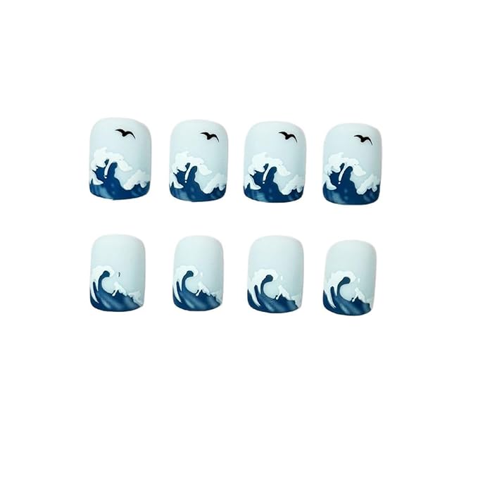 Short Press on Nails Square Fake Nails Blue False Nails Summer Nail Wave Glossy Full Cover Acrylic Nails Glue on Nail Artificial for Women Manicure 24Pcs