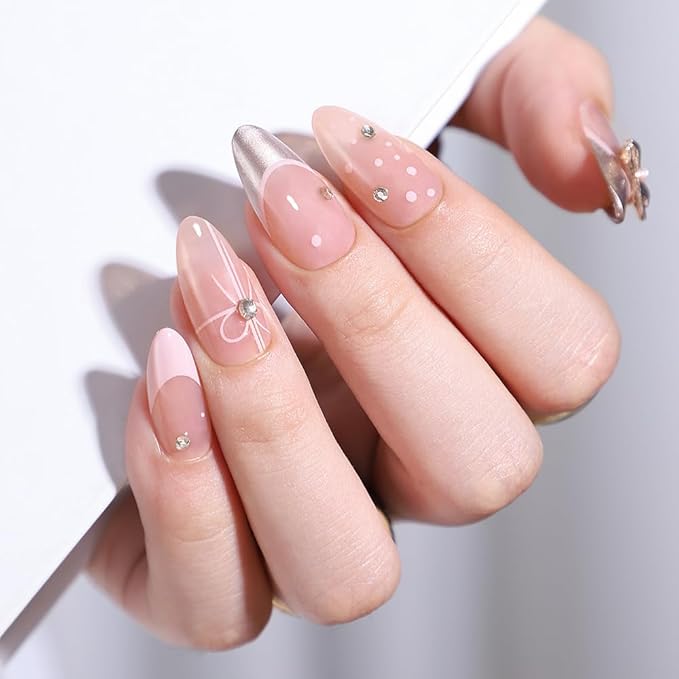 French Tip Press on Nails Medium Almond Fake Nails Bow Charms Full Cover Stick on Nails Nude Pink False Nails with Pearl Rhinestone Nail Tips Designs Acrylic Nails for Women Girls 30 Pcs