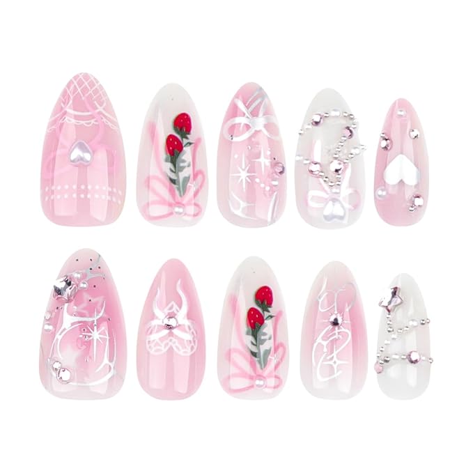Long Almond Press on Nails French Tip Pink Fake Nails Bow Rhinestones with Strawberry Pattern Design Pearl False Nails Heart Stick on Nail Full Cover Reusable Acrylic Nail Art for Women 24 Pcs