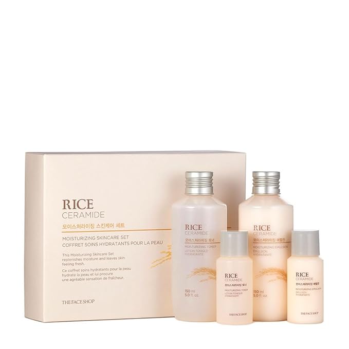The Face Shop Rice Ceramide Moisturizing Skincare Set - Toner & Moisturizer, Korean Skin Care with Rice Water, Gift Set, Travel Size, Hydrating for Dry Skin