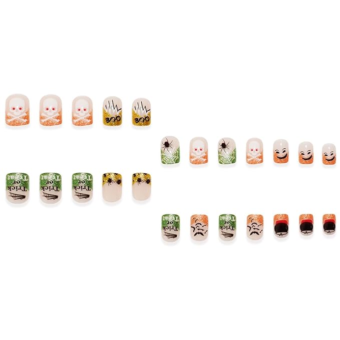 24Pcs Halloween Press on Nails Short Square Fake Nails with Skull Bat BOO Design Orange Green Glitter French Tip False Nail Glossy Spider Web Acrylic Nail Halloween Full Cover Glue on Nails for Women