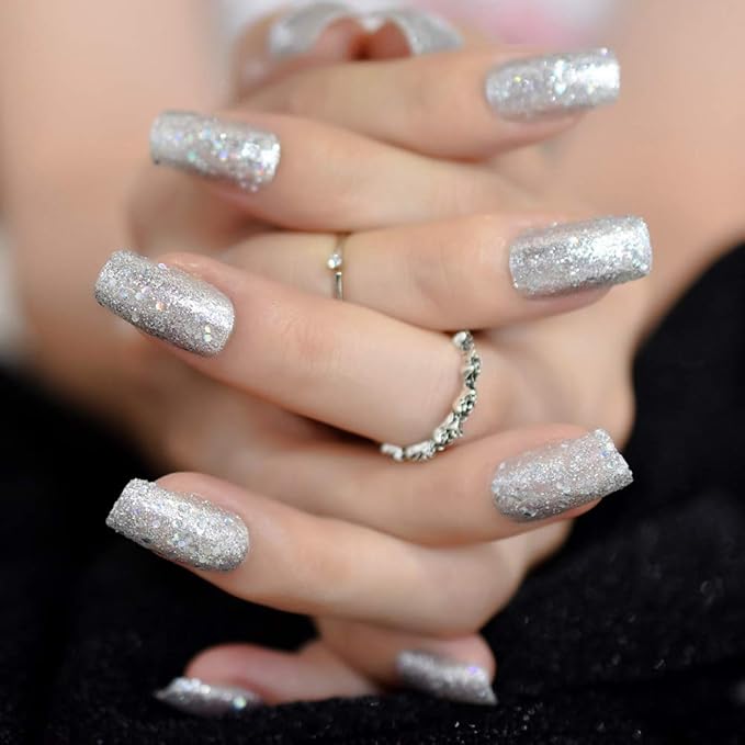 Pretty Full Cover Silver White Bling Glitter Press on False Nails Medium Long Square Salon DIY Manicure Reusable Fake Acrylic Nail Art Tips with Jelly Adhesive Tabs Nail File