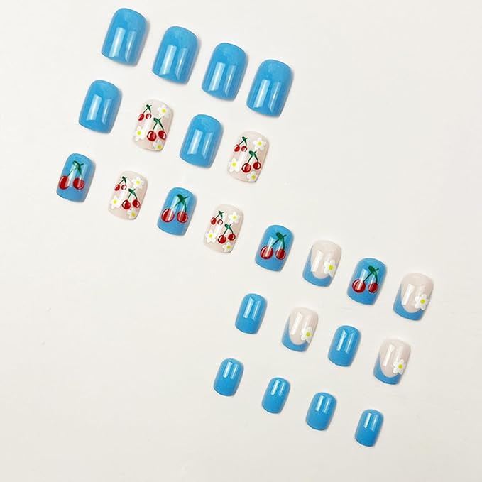 Cherry Press on Nails Short Square Fake Nails Flower False Nail Floral Glossy Full Cover Acrylic Nail Blue Glue on Nails Artificial Cute Stick on Nail for Women Manicure 24Pcs