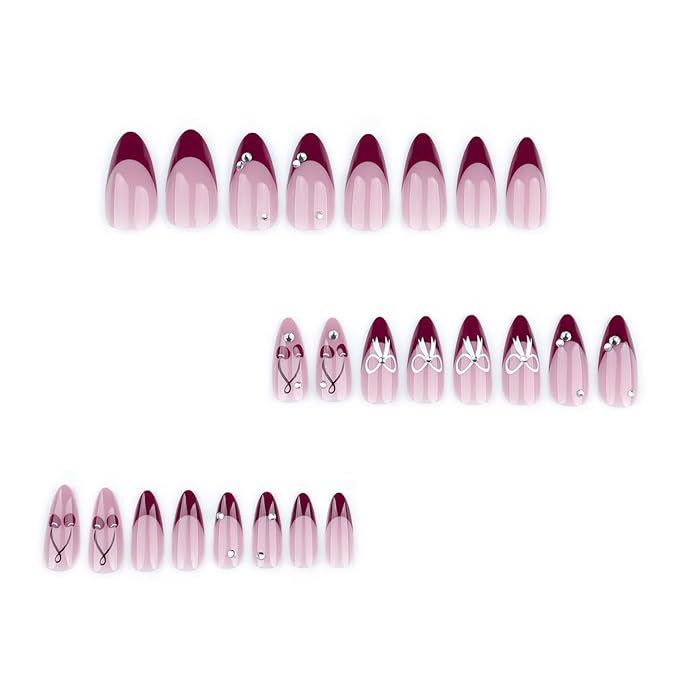 24Pcs Red French Tip Press on Nails Medium Almond Fake Nails with White Rhinestones Bow Cherry Design Glitter False Nails Full Cover Artificial Glue on Nails Cute Stick on Nails for Women Manicure