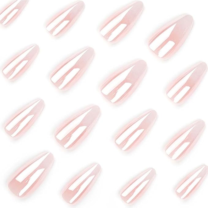 Press on Nails Medium Long Pink Fake Nails Almond Glossy False Nail Tips Artificial Nails Finger Manicure for Women and Girls-24pcs
