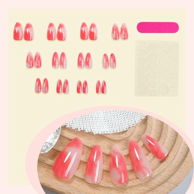 Press on Nails Almond Fake Nails Short Red Acrylic False Nails Press ons Glossy Gradient Marble Glue on Artificial Nails Full Cover Stick on for Women Manicure Art Decoration 24Pcs