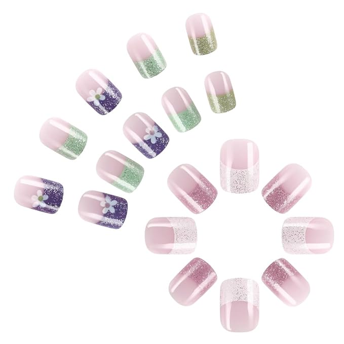 French Tip Flower Press on Nails Short Square Spring Fake Nails Small Flowers Glue on Nails Full Cover Stick on Nails with Glitter Design Acrylic False Nails Spring Summer Artificial Nails for Women