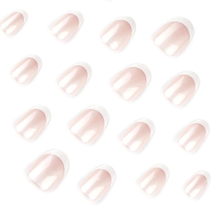 Oval French Press On Nails Short, White Tip Fake Nails with Sheer Pearl Base, Glossy Reusable Glue On Nails, Elegant French Manicure Stick On Nails for Women, 24 Pcs
