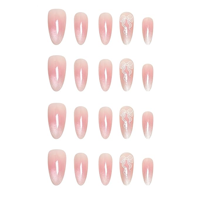 20Pcs Cute Bow Press On Nails Almond Shaped French Tip Fake Nail Nude Pink Glue on Nails White Bows Design Medium Full Cover False Nail Cute Acrylic Nails for Women Daily Wear