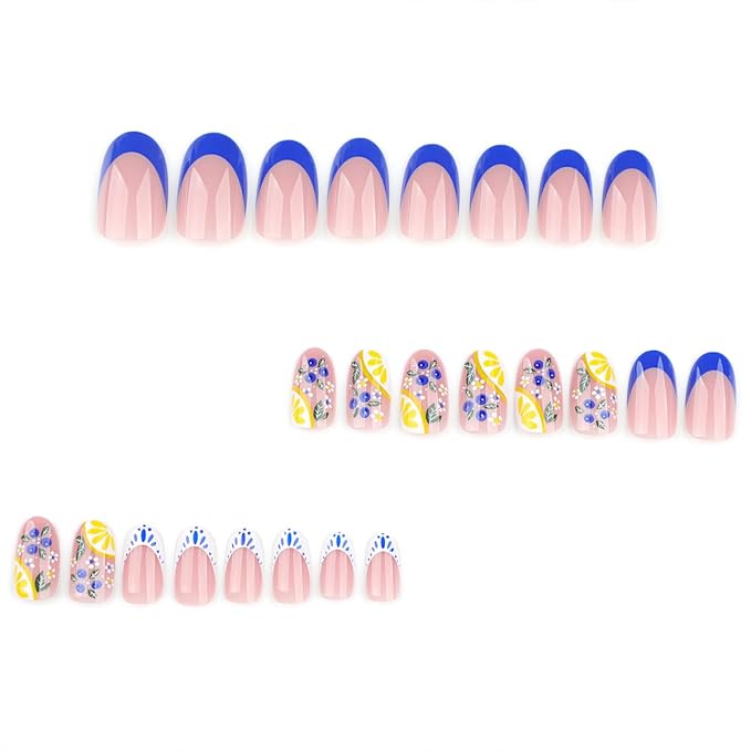 24Pcs Blue French Tip Press on Nails Almond Short Fake Nails Cute Blueberries Lemon Nail Designs Flower Fruit Glue on Nails Reusable Glossy Acrylic False Nails Full Cover Stick on Nails for Women