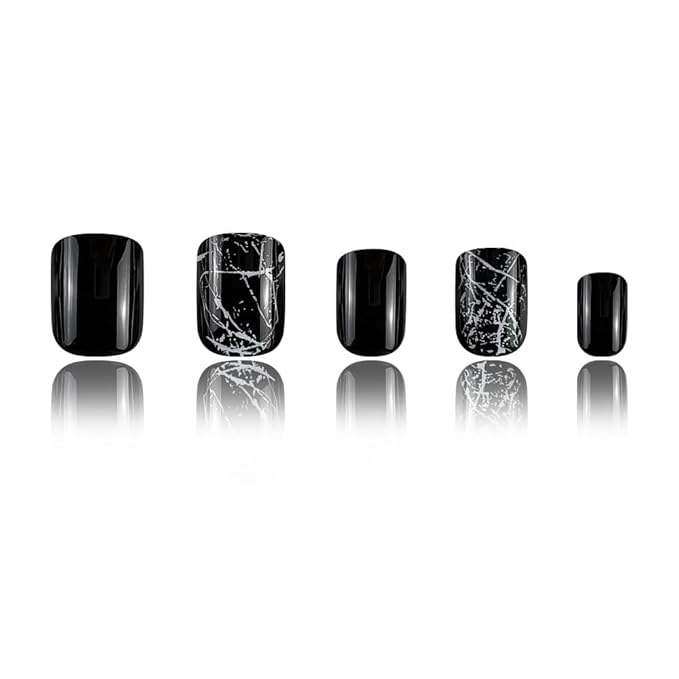 Black Press On Nails - Short Square Glossy Marble Acrylic Squoval Dark False Nails with Designs - Natural Summer Glue On Full Cover Stick On Nails for Women Girls - 24Pcs
