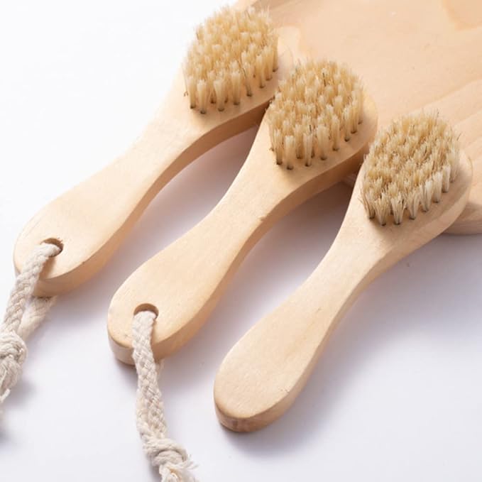 2 Pack Wood Handle Manual Face Facial Cleansing Brush, 5.7” Natural Boar Bristles Skin Care Exfoliating Scrub Brush.