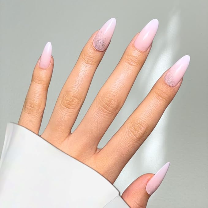 Perfect Look Press On Nails - Blush Sparkle | No Glue One-Day Nude Pink Almond Fake Nails with Glitter Tips for Weddings - 24 Pcs Nail Kit with Adhesive Tabs