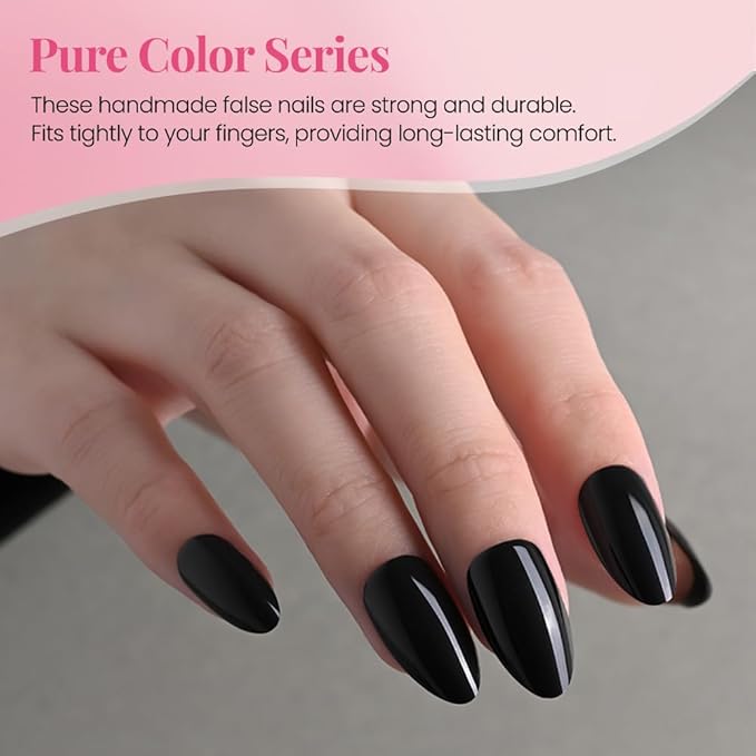 evpct Glossy Press on Nails Short Almond Short for Women, Black Fake Nail with Glue Salon Quality Reusable Stick on Nails In 15 Sizes 30Pcs Full Cover False Nail Soft Gel Set Kit for Gift, 29
