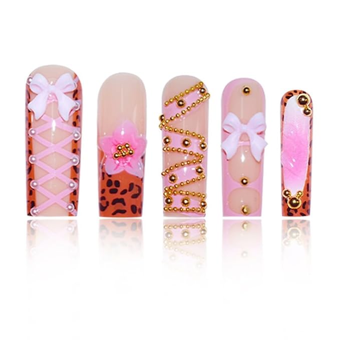 Long Square Press on Nails French Tip Fake Nails Pink False Nails with Bow Designs Floral Artificial Nails Stick on Nails for Women 24pcs