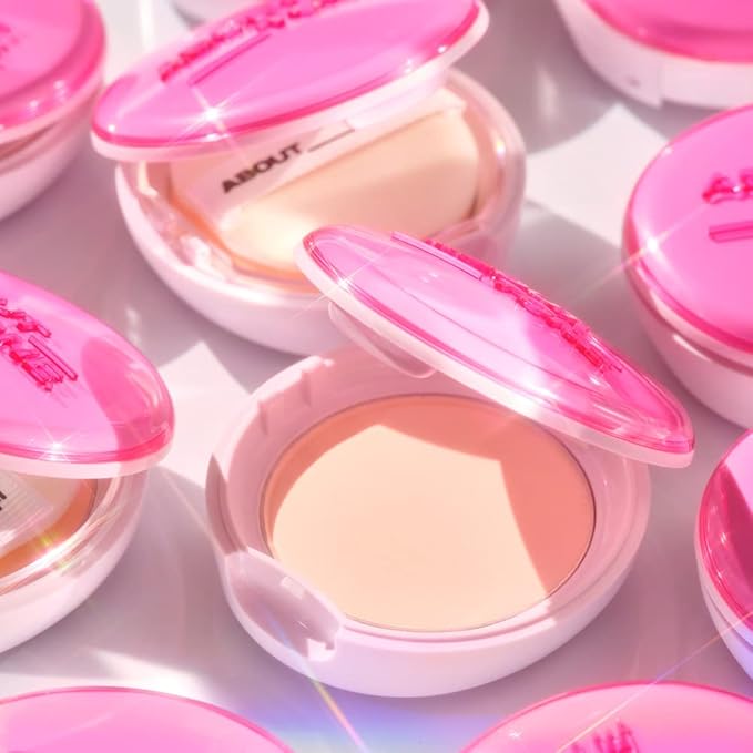 ABOUT TONE Glow Powder Pact 0.28oz - Shining Tone-Up Pressed Powder Compact with Mirror and Puff Natural Peach Pearl Shimmery Blur Finish Face Makeup Setting Finishing Transparent Sebum Control Vegan