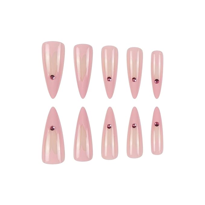 Heart Press on Nails Long Fake Nails Pink Stiletto False Nails Glossy Acrylic Artificial Nails Full Cover Stick on Nail for Women 24 Pcs