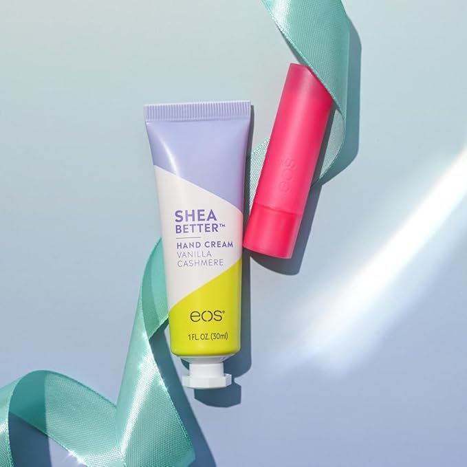 eos Holiday Skin Care Set- Vanilla Cashmere Travel Hand Cream & Candy Cane Swirl Lip Balm, Stocking Stuffers, 1 fl oz Hand Cream + 0.14 oz Lip Balm, 2-Pack