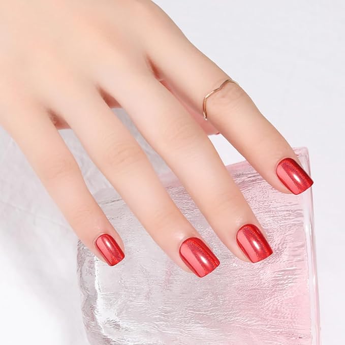Red Press on Nails Short Square, Chrome Press on Nails, Fashion Gel Fake Nails, Reusable Acrylic Fake Nails, Glossy Stick on Nails, Thick Reusable Glue On Nails for Women, 24Pcs
