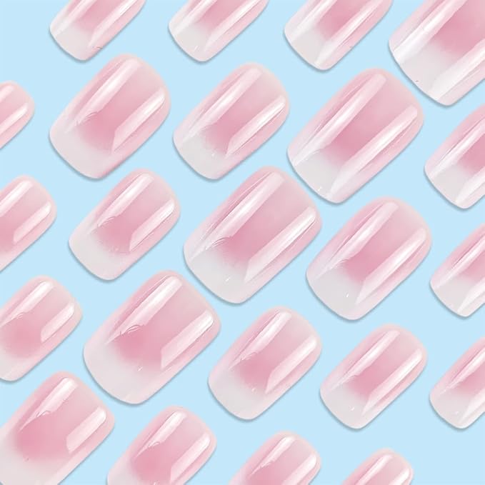 Short Press on Nails Square Fake Nails Pink White Gradient Acrylic Nails Press on Glossy French Tip Glue on Nails with Designs Medium False Nails with Glue Summer Artificial Nails for Women 24Pcs