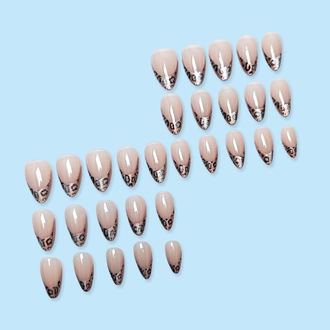 French Tip Press on Nails Short Almond Fake Nails with Leopard Print Designs Glue on Acrylic Nails Glossy Glitter False Nails Press ons for Women Manicure 24Pcs